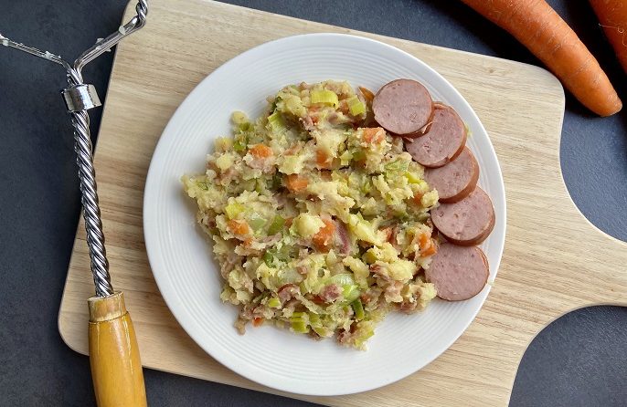 Stamppot met winterpeen, prei en spekjes