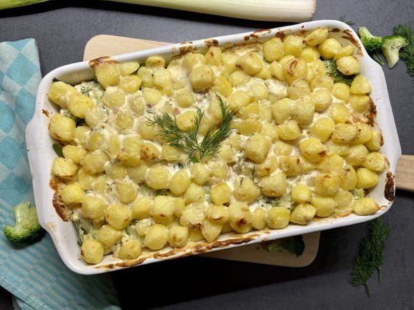 visschotel met krieltjes, haricots verts en broccoli