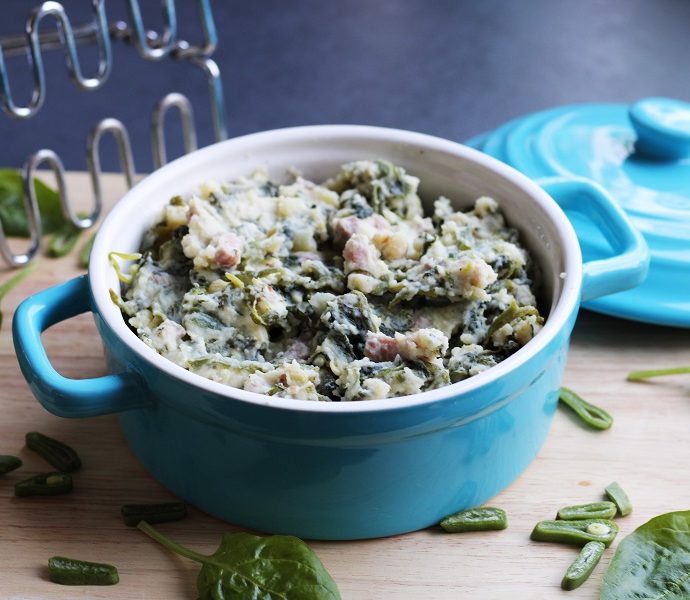 Snijbonen-spinaziestamppot met spekjes