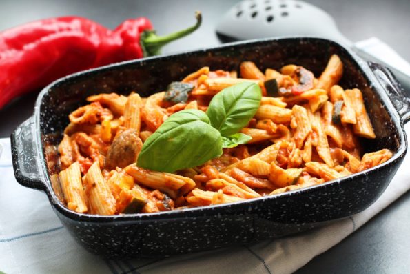 Pasta met champignons, ham en mozzarella