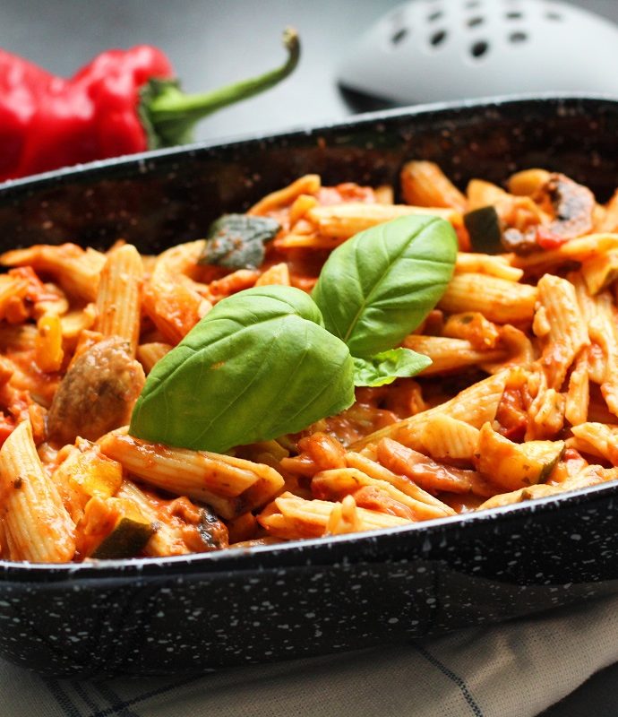 Pasta met champignons, ham en mozzarella