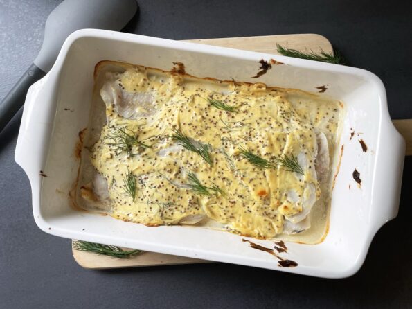 Heekfilet in mosterd-dillesaus uit de oven