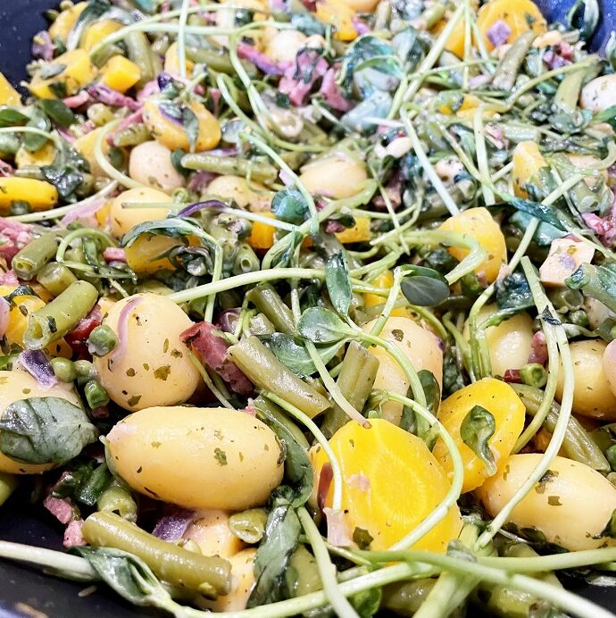 Krieltjes met zomergroente en bacon