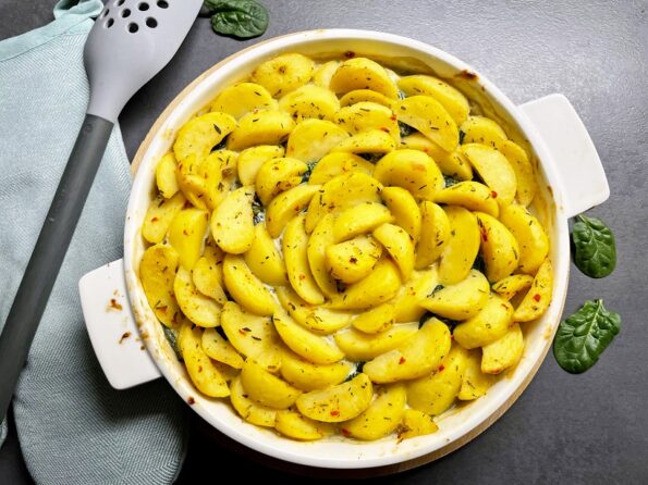 Heekfilet met spinazie en Toscaanse aardappelpartjes