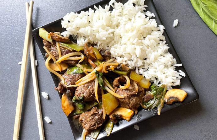 Ossenhaas teriyaki met Oosterse groente en witte rijst