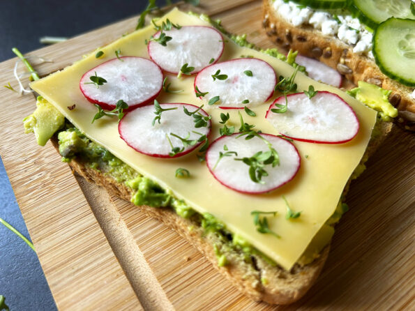 Glutenvrije open sandwich met jonge kaas, avocado, radijs en tuinkers
